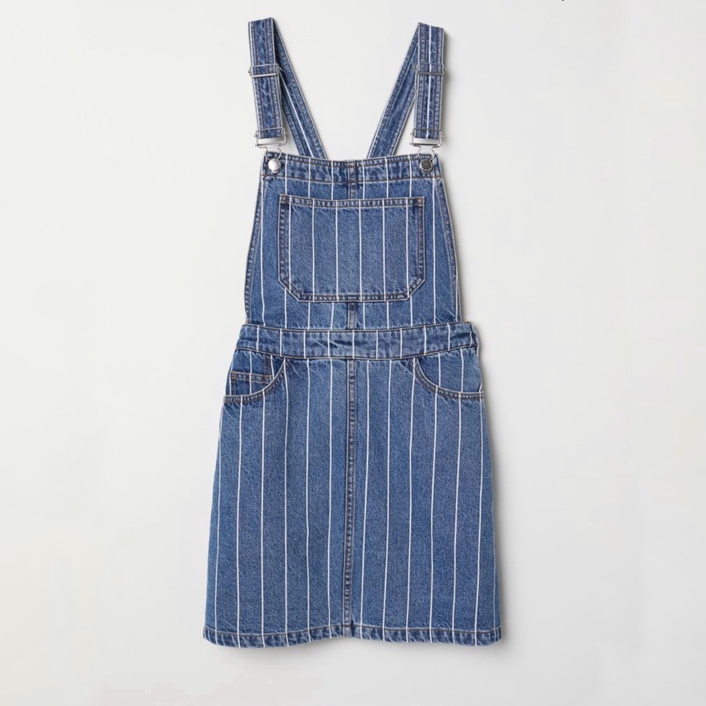 New! H&M Divided Denim Overall Blue and white Striped Dungaree Mini Dress Size 8